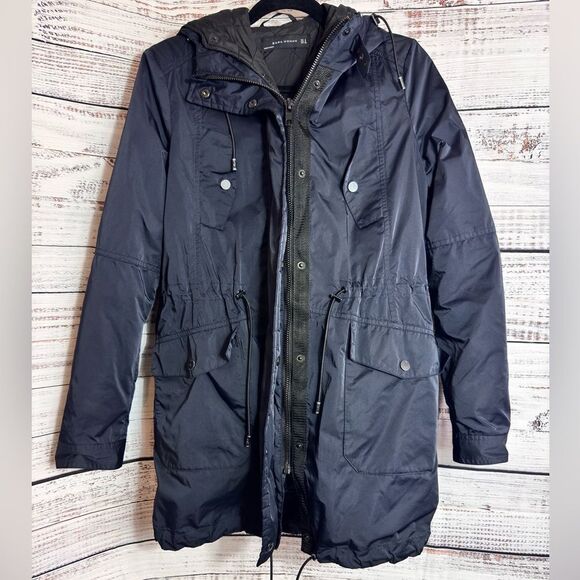 Zara Coat Womens Jacket Size Small 3xl full zip Jacket quilted Hoodie parka Navy - Picture 1 of 15